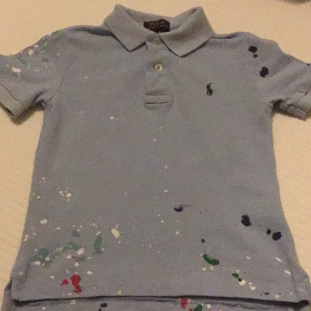 Children’s Ralph Lauren Baby blue splatter paint knit Polo.